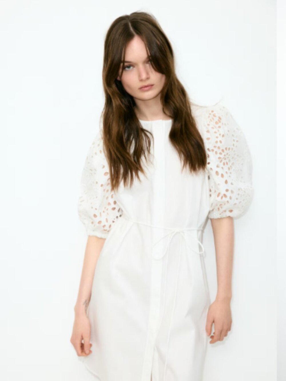 HandM Dress with Eyelet-Embroidered Sleeves, Medium